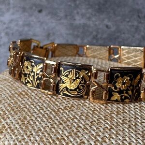 Vintage Damascene Flower & Bird Costume Statement Bracelet Jewelry